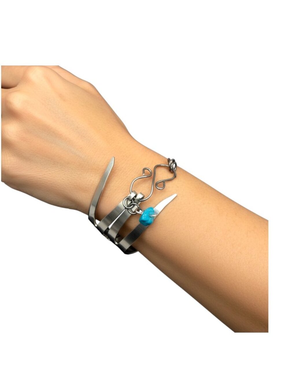 VNTG Silverware Cuff Bracelet - Hand Wrapped Stainless Steel - Turquoise Charm